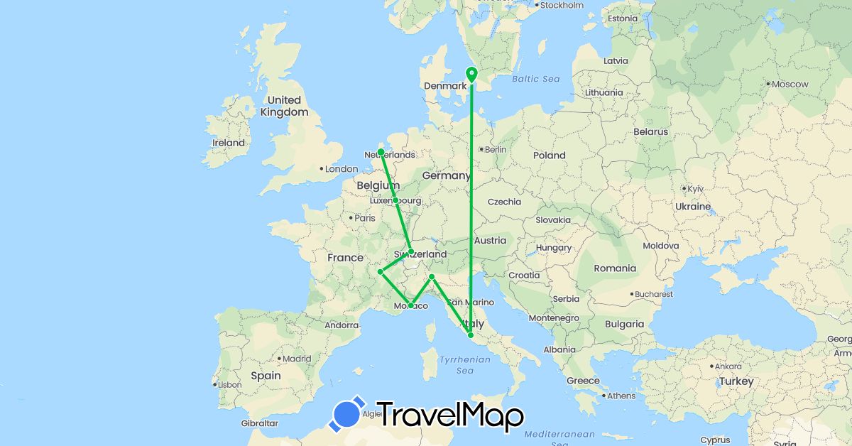 TravelMap itinerary: driving, bus in Switzerland, Denmark, France, Italy, Luxembourg, Monaco, Netherlands (Europe)